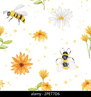 Modello di ape. Acquerello senza cuciture con fiori di camomilla, girasoli e api. Apicoltura. Design per vivai, tessili, cartoleria. Foto Stock