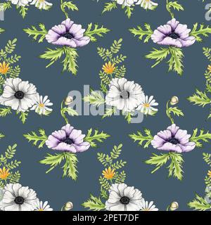 Sfondo anemone. Acquerello senza cuciture con fiori di anemone. Un bouquet di anemoni. Design per tessuti, imballaggi e carta da parati. Foto Stock