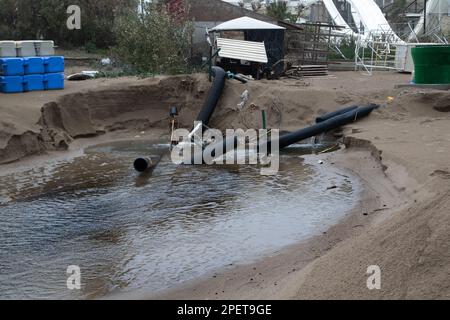 Acque reflue industriali, la conduttura scarica i rifiuti industriali liquidi in mare su una spiaggia cittadina. Le acque reflue sporche scorrono da un tubo fognario in plastica su Foto Stock