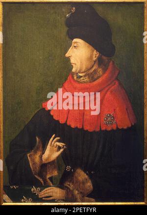 Portrait de Jean Sans Peur, duc de Bourgogne (1371-1419). L'anneau qu'il tient a la main est le rubis de Bourgogne achete par Philippe le Hardi en 1397, qui etait conserve a l'abbaye de Saint Benigne a Dijon et remis par l'abbe a tout nouveau duc prenant possession du duche de Bourgogne. Peinture par un peintre au service de Jean sans Peur, huile sur bois vers 1404-1410. Museo delle Belle Arti di Digione. Foto Stock