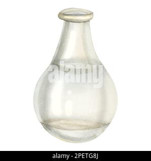 Bottiglia o vaso in vetro vintage trasparente incolore color acqua con acqua isolata su fondo bianco. Foto Stock