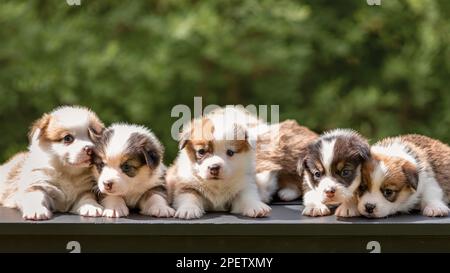 Cuccioli carini di corgi gallesi pembroke razza cane giacendo insieme in linea all'aperto Foto Stock