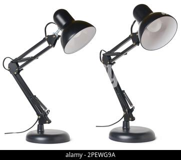 set di lampada da scrivania nera vintage isolata su sfondo bianco, prese in diverse angolazioni, concetto di arredamento per interni o per la casa, modello mock-up Foto Stock