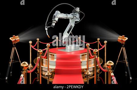 Podio con saldatura robotizzata. Rendering 3D su sfondo nero Foto Stock