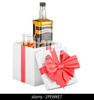 Bottiglia di whiskey e bicchiere di whiskey all'interno della confezione regalo, concetto attuale. 3D rendering isolato su sfondo bianco Foto Stock
