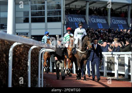 Gara 4 l'ostacolo del campione Unibet. Constitution Hill guidato da Nico de Boinville conduce i cavalli fuori dal campo prima della gara Racing a che Foto Stock