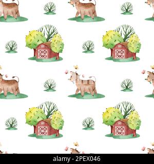 Acquerello senza cuciture modello di allevamento con animali domestici. Cavallo, pecora, vacca, maiale, oca, pollo. terreno agricolo modello infantile senza cuciture. Tessile, poste Foto Stock