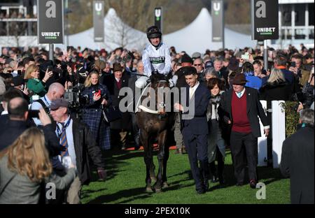 Gara 4 l'ostacolo del campione Unibet. Il vincitore della gara Constitution Hill guidato da Nico de Boinville entra nel recinto del vincitore Racing a Cheltenham R. Foto Stock