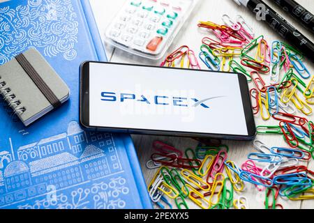 In questa foto è mostrato un logo Spacex visualizzato sullo smartphone. Foto Stock