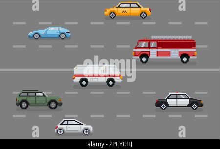 Pixel art diverse auto su strada Illustrazione Vettoriale
