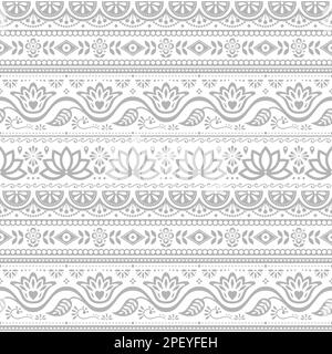 Carrello pakistano vettore d'arte seamless pattern, Indian carrello floral design in bianco e nero con fiore di loto, foglie e forme astratte Illustrazione Vettoriale