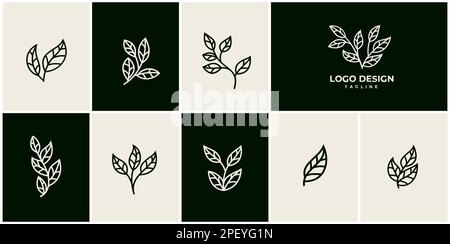Linea art foglia logo set. Logo a foglia di linea. Logo retro natura. Illustrazione Vettoriale