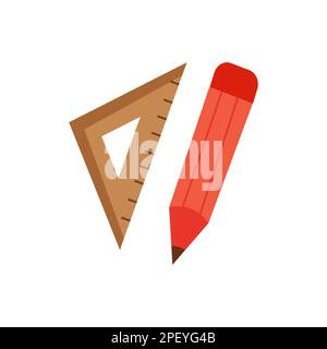 Illustrazione del set piano del cartoon con linea a forma di righello a matita e triangolo. Set di cartoni animati per strumenti matematici per la scuola. Illustrazione Vettoriale
