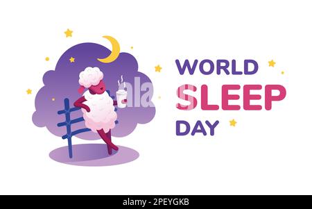 Banner del World Sleep Day, cartolina con pecora e testo da sogno esting. Illustrazione vettoriale per le festività internazionali. Stile cartone animato, design piatto Illustrazione Vettoriale