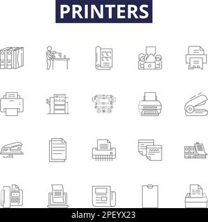 Icone e segni del vettore di linea della stampante. Stampa, inchiostro, laser, toner, Canon, Epson, HP, Set di illustrazioni vettoriali per linee di rete Illustrazione Vettoriale