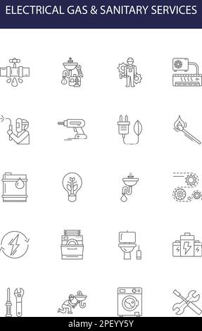 Icone e segni vettoriali per linee di gas e servizi sanitari. elettrico, gas, energia, elettricità, tecnologia, carburante, concetto, vettore di contorno della batteria Illustrazione Vettoriale
