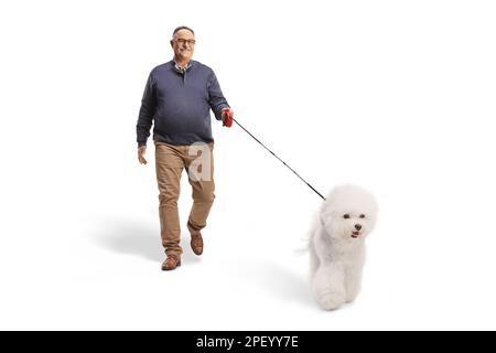 Uomo maturo che cammina un cane frise bichon isolato su sfondo bianco Foto Stock