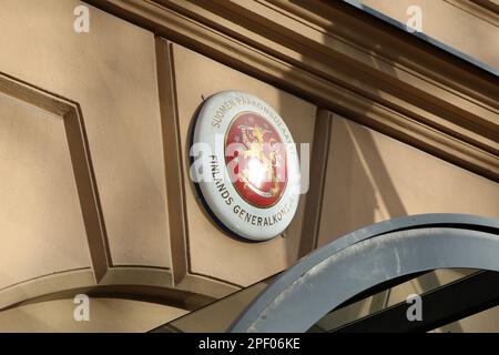 San Pietroburgo, Russia. 16th Mar, 2023. L'iscrizione della Repubblica di Finlandia sulla costruzione del Consolato Generale della Repubblica di Finlandia a San Pietroburgo, Federazione Russa. (Credit Image: © Konstantinov/SOPA Images via ZUMA Press Yuhwire) SOLO PER USO EDITORIALE! Non per USO commerciale! Foto Stock