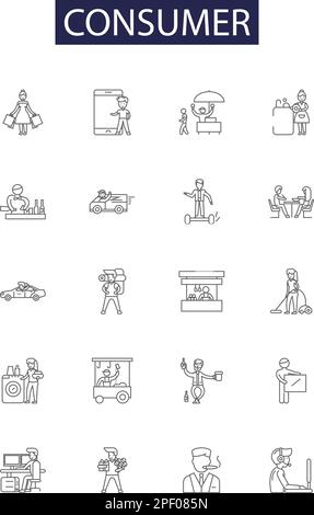 Icone e simboli vettoriali per la linea consumer. negozio, vendita, acquisto, business, mercato, cliente, negozio, acquistare un set di illustrazioni vettoriali per contorni Illustrazione Vettoriale