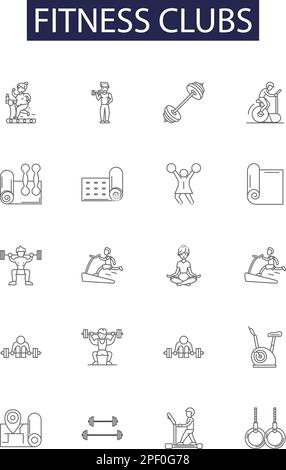 Icone e segni vettoriali per i club fitness. Formazione, Salute, esercizio fisico, allenamento, Yoga, Set di illustrazioni vettoriali per peso, cardiologia, spinning outline Illustrazione Vettoriale