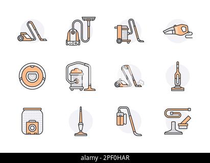 Icone linea piatta degli aspirapolvere. Industriale, domestico, portatile, robotico, barattolo, aspirapolvere senza fili a secco. Sottili segni lineari per lavori domestici Illustrazione Vettoriale
