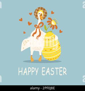 bandiera di pasqua quadrata con carina oca e uovo di pasqua Illustrazione Vettoriale