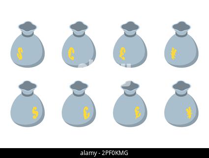 Set di borse isometriche a moneta con coulisse e segni di valuta in diverse angolazioni in stile piatto Illustrazione Vettoriale