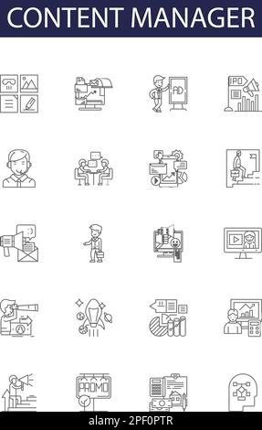 Icone e segni vettoriali per la linea di gestione dei contenuti. Manager, Editor, Writer, Strategist, Coordinator, Marketer, Publisher, Producer Outline Vector Illustrazione Vettoriale