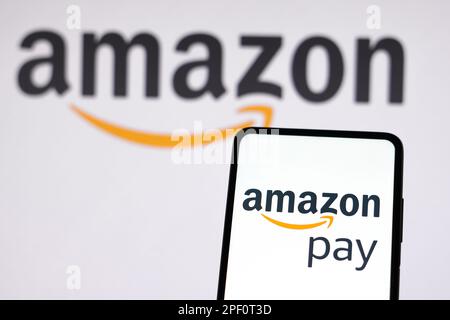 In questa immagine il logo Amazon Pay visualizzato sullo smartphone e sullo sfondo il logo Amazon. Foto Stock