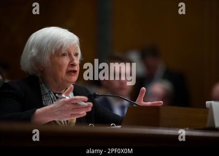 Il Segretario del Tesoro degli Stati Uniti Janet Yellen testimonia dinanzi alla Commissione del Senato degli Stati Uniti sulle finanze audizione sul finanziamento dell'anno fiscale 2024 per il Dipartimento del Tesoro a Capitol Hill a Washington, DC Giovedi, 16 marzo 2023.Credit: Rod Lamkey/CNP /MediaPunch Foto Stock