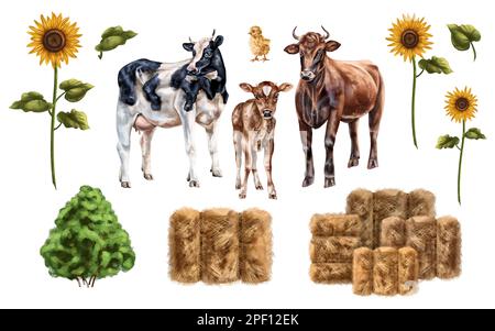 Un set di mucche da fattoria tra fienili e girasoli. Per cartoline, design di imballaggi, tessuti, opuscoli. Foto Stock