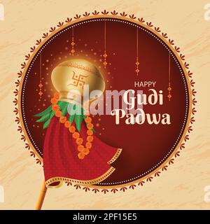Happy Gudi Padwa Hindu Festival Greeting Card sfondo. Creative Banner o Poster of Celebration Gudi Padwa. Capodanno lunare Maharashtra. Illustrazione Vettoriale