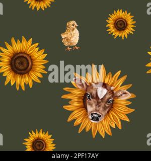 Modello senza cuciture disegnato a mano con un polpaccio in un girasole e un pollo. Sfondo floreale per tessuti, tessuti, striscioni, carta da imballaggio e altri disegni Foto Stock