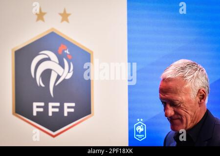 Parigi, Francia, Francia. 16th Mar, 2023. Didier DESCHAMPS durante la conferenza stampa per la lista dei giocatori selezionati per le qualificazioni UEFA euro 2024 il 24 e 27 marzo 2023, presso la sede della Federazione di calcio francese il 16 marzo 2023 a Parigi, Francia. (Credit Image: © Matthieu Mirville/ZUMA Press Wire) SOLO PER USO EDITORIALE! Non per USO commerciale! Foto Stock