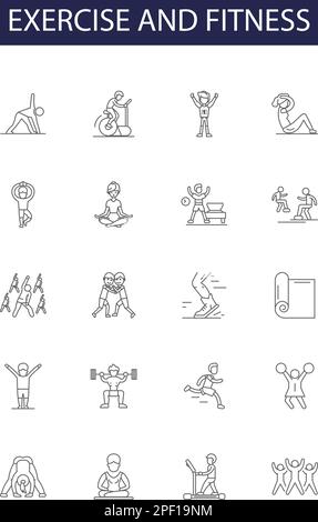 Icone e segni vettoriali linea di esercizio e fitness. fitness, allenamento, aerobica, running, cardio, forza, tonificazione, pedalando disegno vettoriale Illustrazione Vettoriale