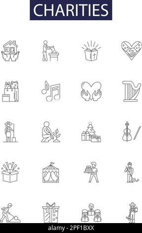 Icone e segni vettoriali delle linee di beneficenza. Sensibilizzazione, aiuto, donazione, raccolta fondi, assistenza, Compassione, generosità, insieme di illustrazioni vettoriali delineate da ALMS Illustrazione Vettoriale