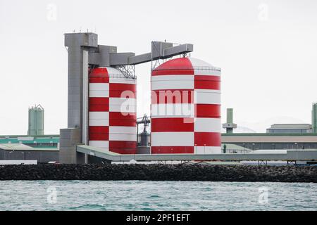 Carri armati di silo bianco rosso e hangar costieri. Edifici portuali dell'Islanda Foto Stock