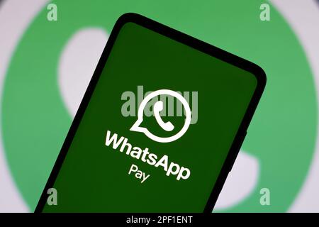 Brasile. 16th Mar, 2023. In questa illustrazione, il logo WhatsApp Pay visualizzato sullo smartphone. (Credit Image: © Rafael Henrique/SOPA Images via ZUMA Press Wire) SOLO PER USO EDITORIALE! Non per USO commerciale! Foto Stock