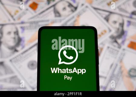 Brasile. 16th Mar, 2023. In questa illustrazione, il logo WhatsApp Pay visualizzato sullo smartphone. (Credit Image: © Rafael Henrique/SOPA Images via ZUMA Press Wire) SOLO PER USO EDITORIALE! Non per USO commerciale! Foto Stock