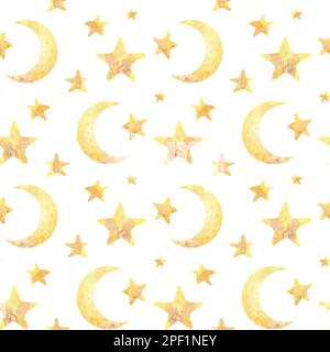 La luna e le stelle sono gialle su uno sfondo bianco. Illustrazione acquerello. Modello senza cuciture della collezione DI BAMBÙ. Per decorazione e design Foto Stock