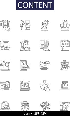 Icone e segni vettoriali della linea di contenuto. Scrittura, comunicazione, blogging, editing, pubblicazione, Narrativa, giornalismo, reporting vettore di contorno Illustrazione Vettoriale