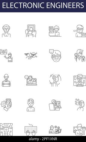 Icone e insegne vettoriali per ingegneri elettronici. Ingegneri, progettazione, ingegnere, hardware, software, Tecnologia, sistemi, vettore di contorno di rete Illustrazione Vettoriale