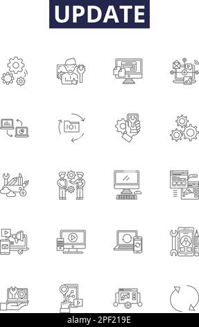 Aggiorna icone e segni del vettore di linea. aggiornamento, firma, icona, software, internet, symbol, tecnologia, nuovo set di illustrazioni vettoriali per contorni Illustrazione Vettoriale
