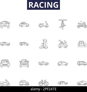 Icone e segni vettoriali delle linee da corsa. Pista, Sprint, Marathon, giro, Auto, Set di illustrazioni vettoriali drag, Rally, Indy Outline Illustrazione Vettoriale