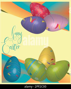 Uova di Pasqua su uno sfondo colorato e luminoso. Testo di saluto del giorno di Pasqua con composizione uovo 3D. Sfondo, poster, intestazione. Illustrazione vettoriale. Illustrazione Vettoriale