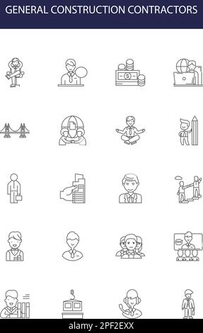 Icone e insegne vettoriali per appaltatori di costruzioni generali. muratori, ristrutturatori, idraulici, falegnami, elettricisti, tetti, ingegneri civili Illustrazione Vettoriale