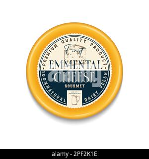 Vector Emmental cheese vintage etichetta rotonda e modello di confezionamento, icone dettagliate formaggio. Illustrazione dei prodotti lattiero-caseari per caseifici, confezioni e. Illustrazione Vettoriale