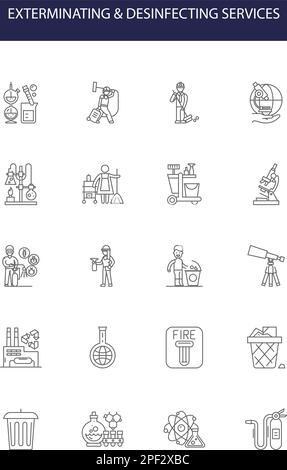 Sterminio e disinfezione di icone e segni vettoriali per linee di servizi. Disinfezione, servizi, peste, controllo, roditore, Scarafaggio, formica, profilo di termite Illustrazione Vettoriale