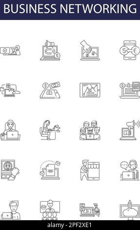Icone e cartelli vettoriali per linee di networking aziendale. Business, connessione, rete, relazioni, Contatti, Descrizione di prospetti, leadership, opportunità Illustrazione Vettoriale