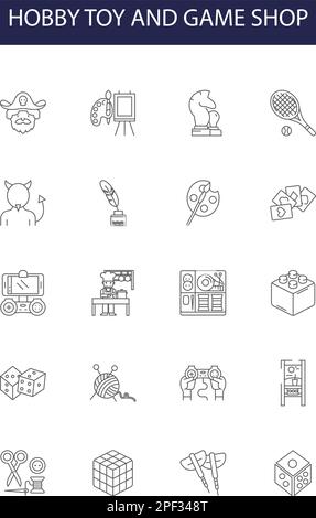 Hobby giocattolo e giochi linea negozio icone e segni vettore. Giochi, Hobby, Negozio, Collectibles, telecomando, Puzzle, Action-Figures, bambole vettoriale contorno Illustrazione Vettoriale